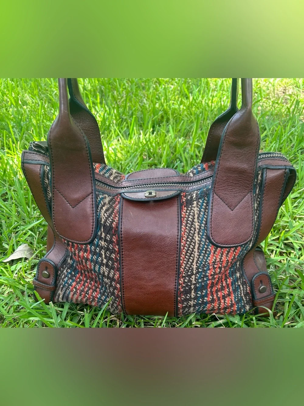 Vintage Fossil Brown Leather-Trim Multicolor Woven Shoulder Bag